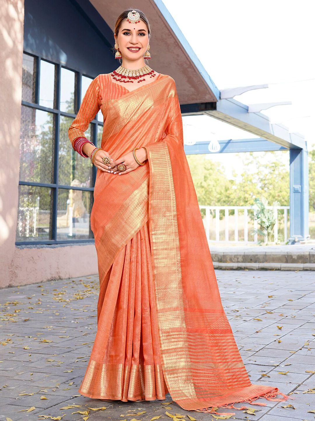 anouk orange solid zari organza saree