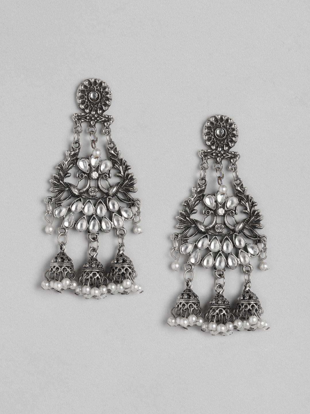 anouk oxidised silver-toned stone studded & beaded classic drop earrings