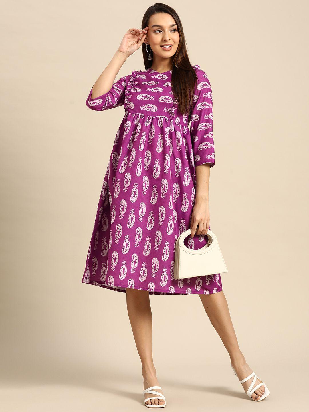 anouk paisley print frilled detail gathered waist midi a-line dress