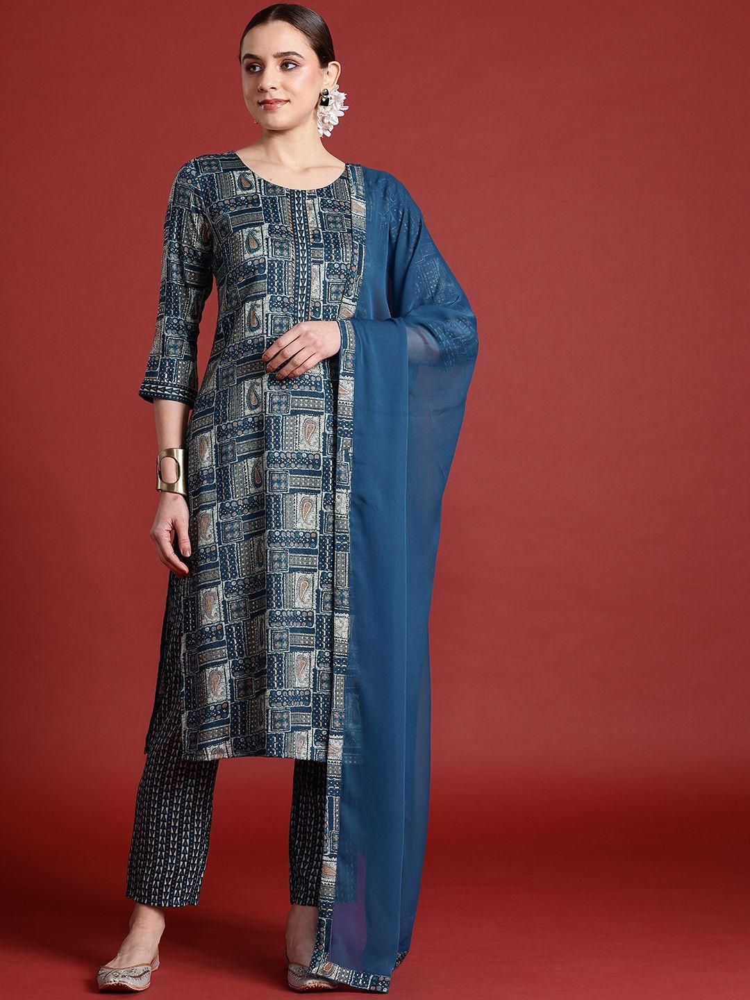 anouk paisley printed regular kurta with trousers & dupatta