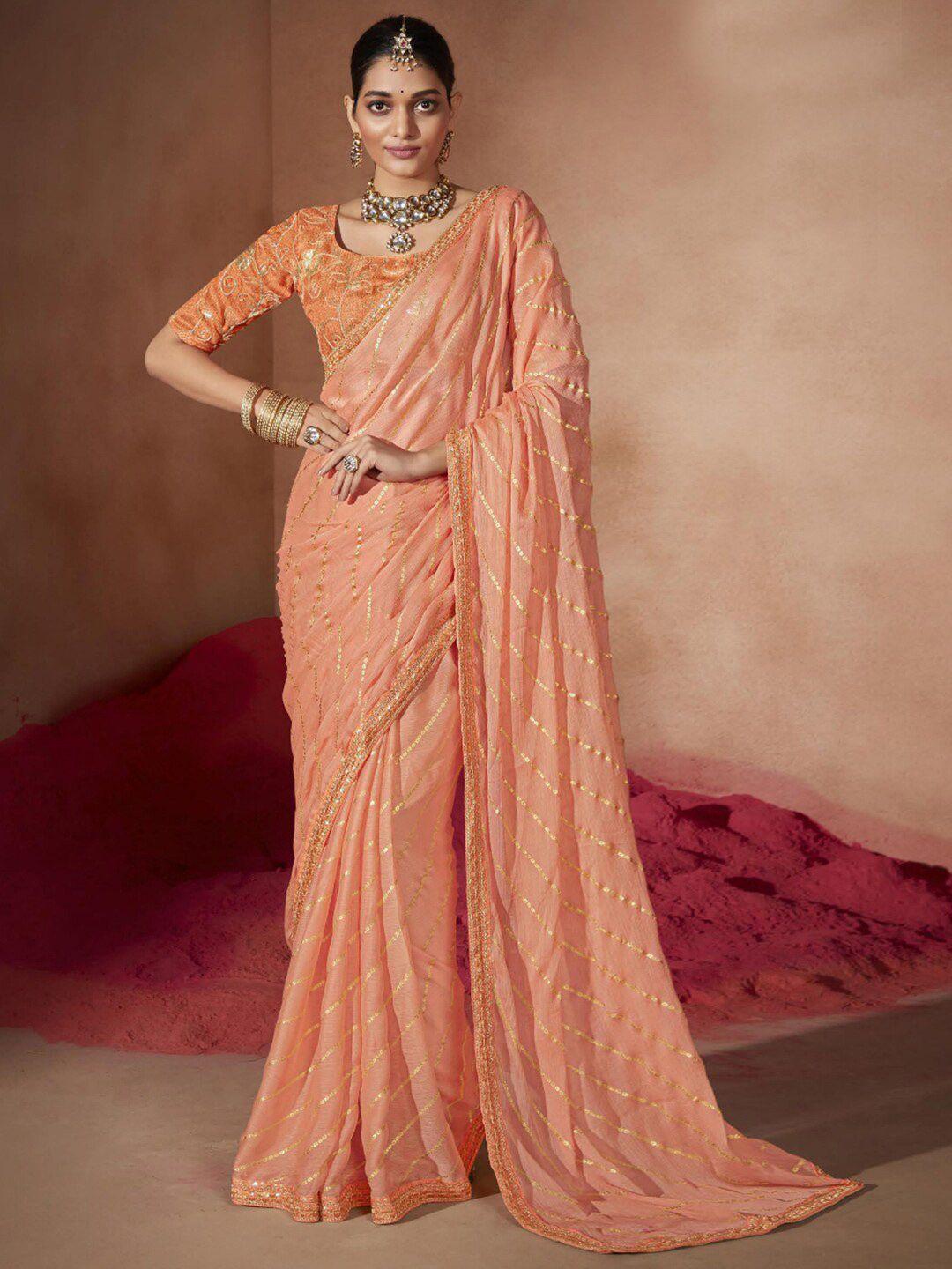 anouk peach-coloured & gold-toned embellished sequinned pure chiffon bandhani saree