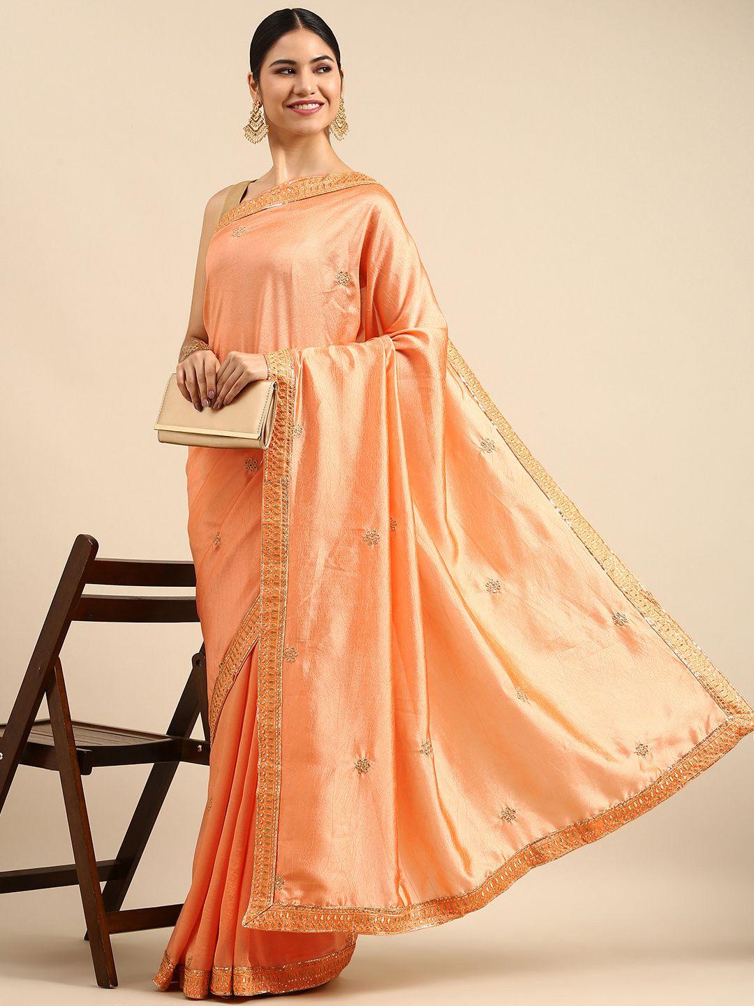 anouk peach-coloured & gold-toned ethnic motifs sequinned silk blend saree