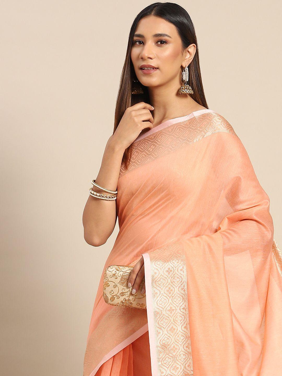 anouk peach-coloured & gold-toned linen blend banarasi saree