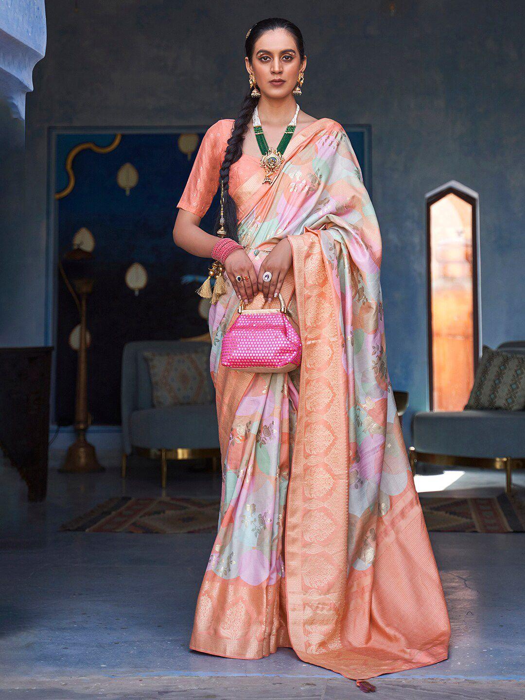 anouk peach-coloured & green woven design zari silk blend banarasi saree