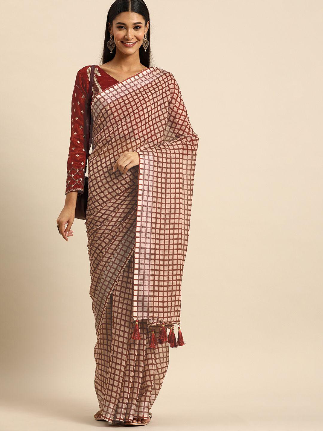 anouk peach-coloured & maroon pure linen checked saree