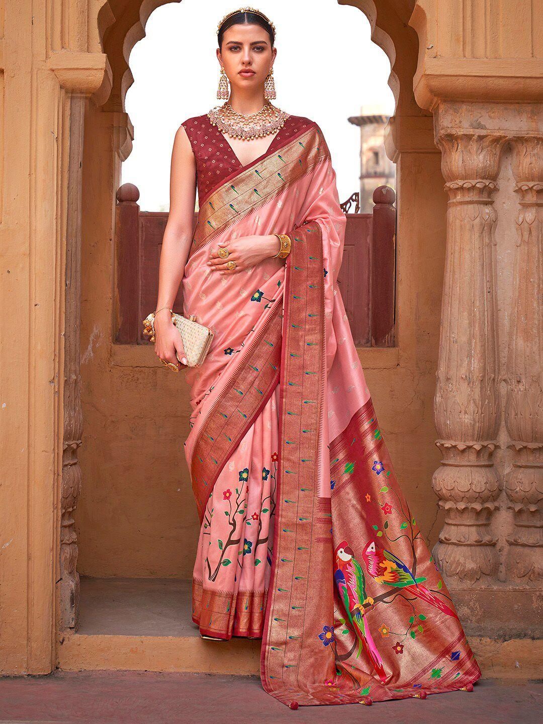 anouk peach-coloured & red ethnic motifs zari silk blend banarasi saree