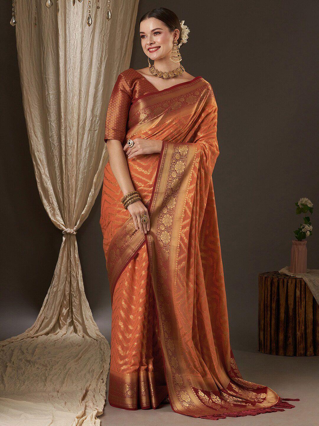 anouk peach-coloured & red woven design zari pure georgette kanjeevaram saree