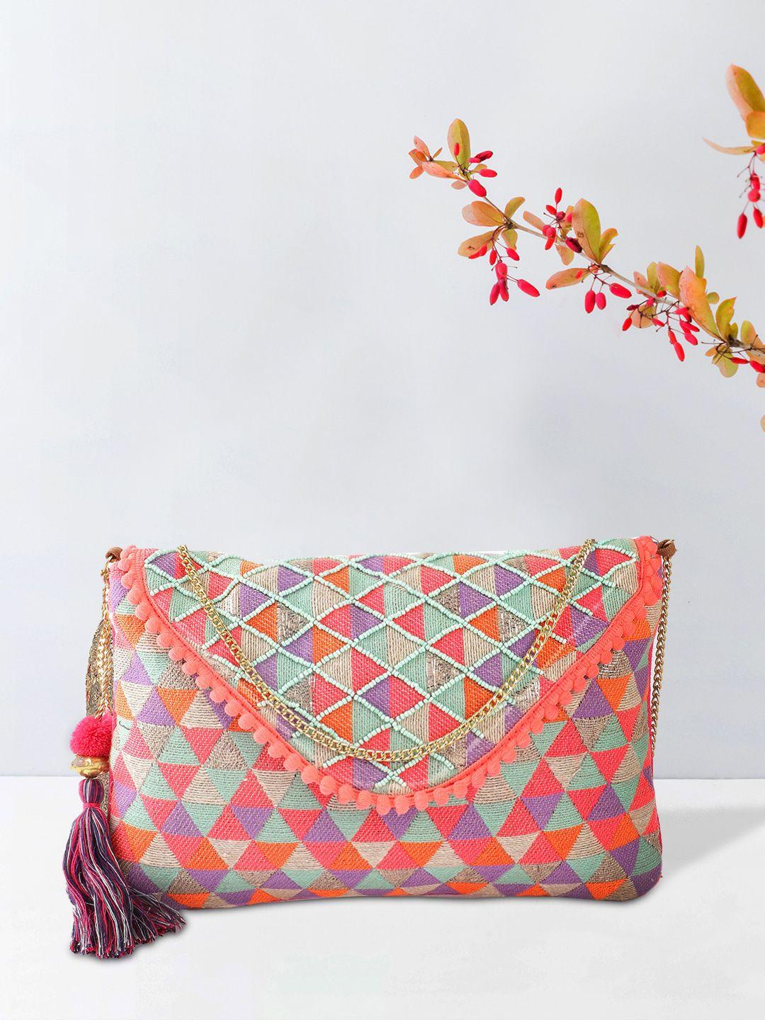 anouk peach-coloured & sea green geometric pattern beaded sling bag with tassels
