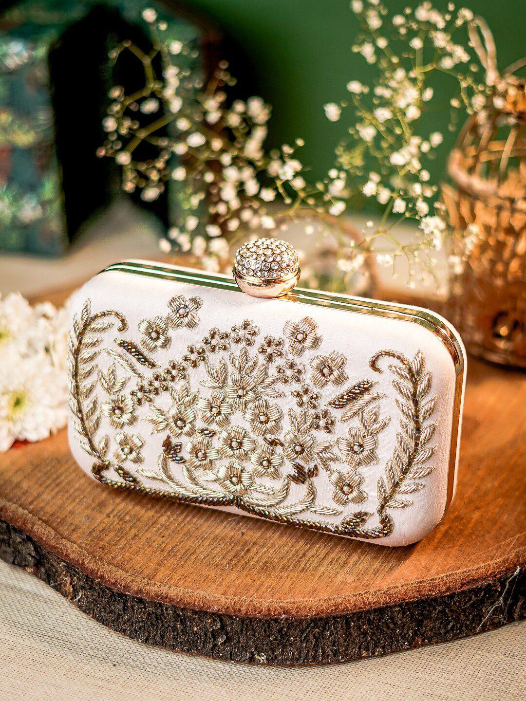 anouk peach-coloured embroidered embellished box clutch