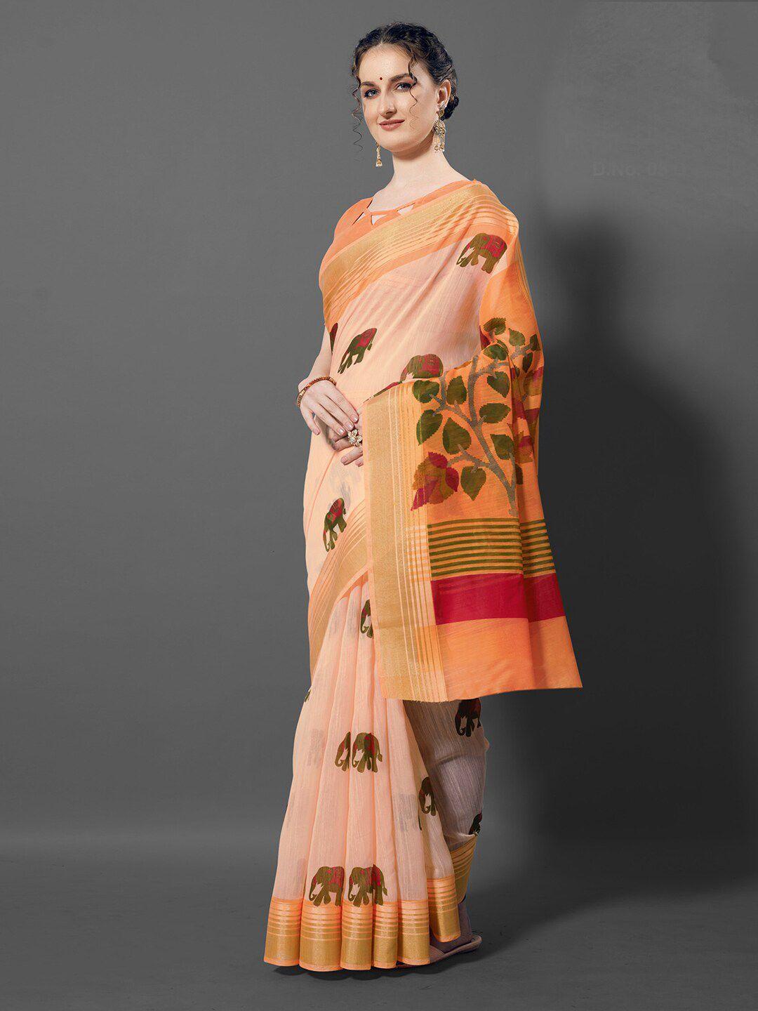 anouk peach coloured ethnic motifs printed zari saree