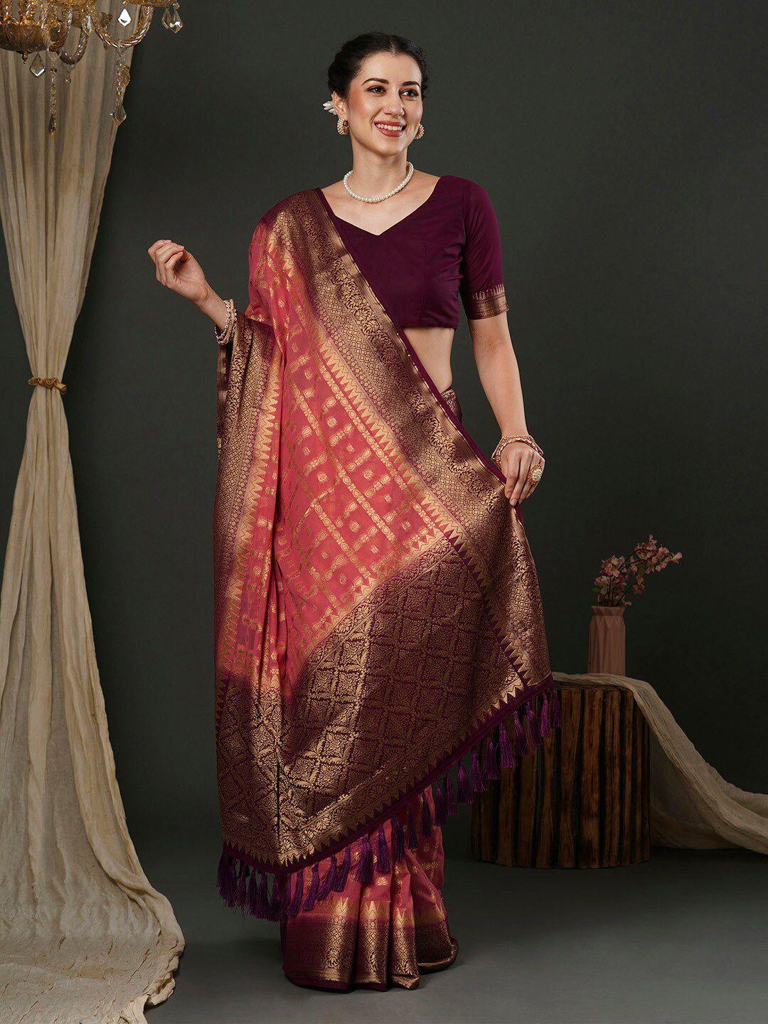 anouk peach-coloured ethnic motifs woven design zari detailed pure georgette saree