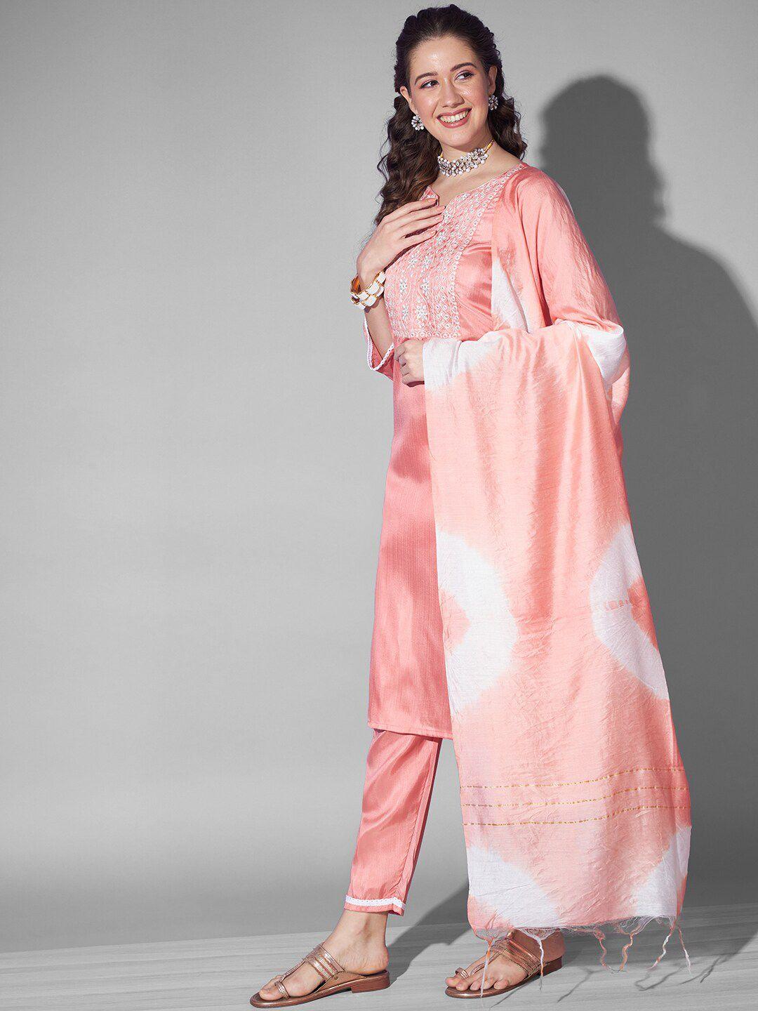 anouk peach-coloured ethnic motifs yoke design thread work pure silk straight kurta set