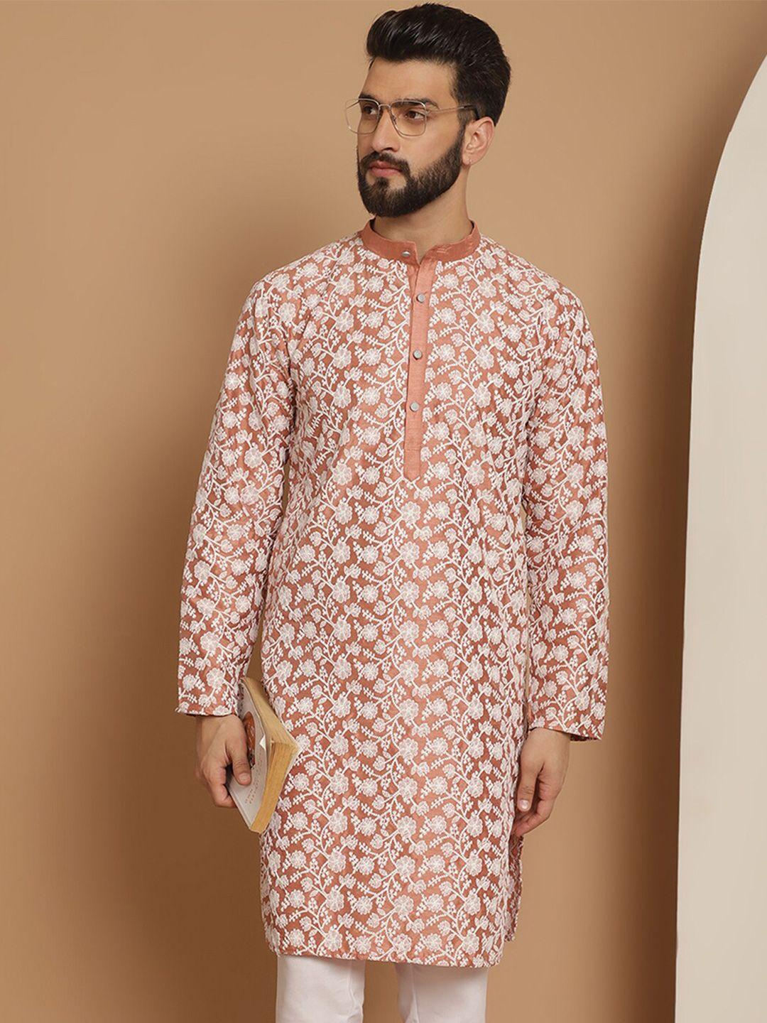 anouk peach-coloured floral embroidered thread work detailed silk cotton straight kurta