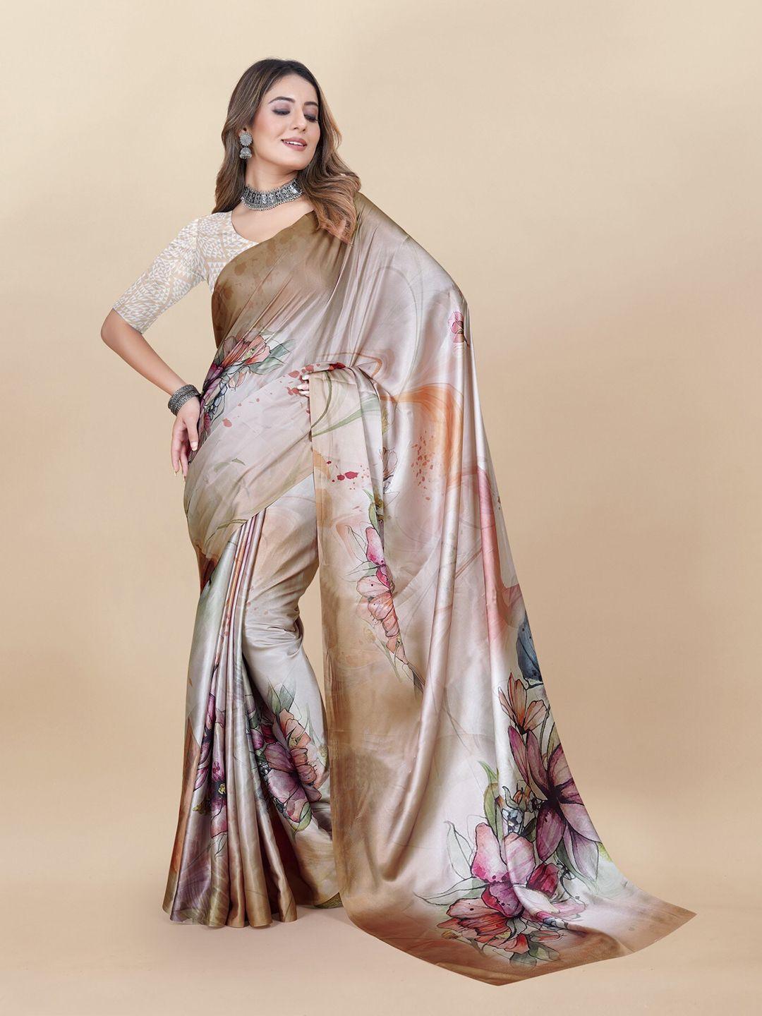 anouk peach coloured floral printed satin saree