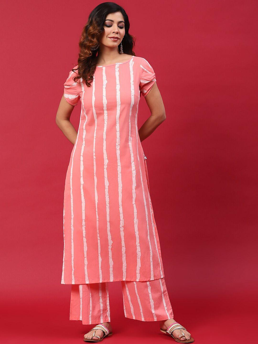 anouk peach-coloured striped boat neck pure cotton straight kurta with palazzo