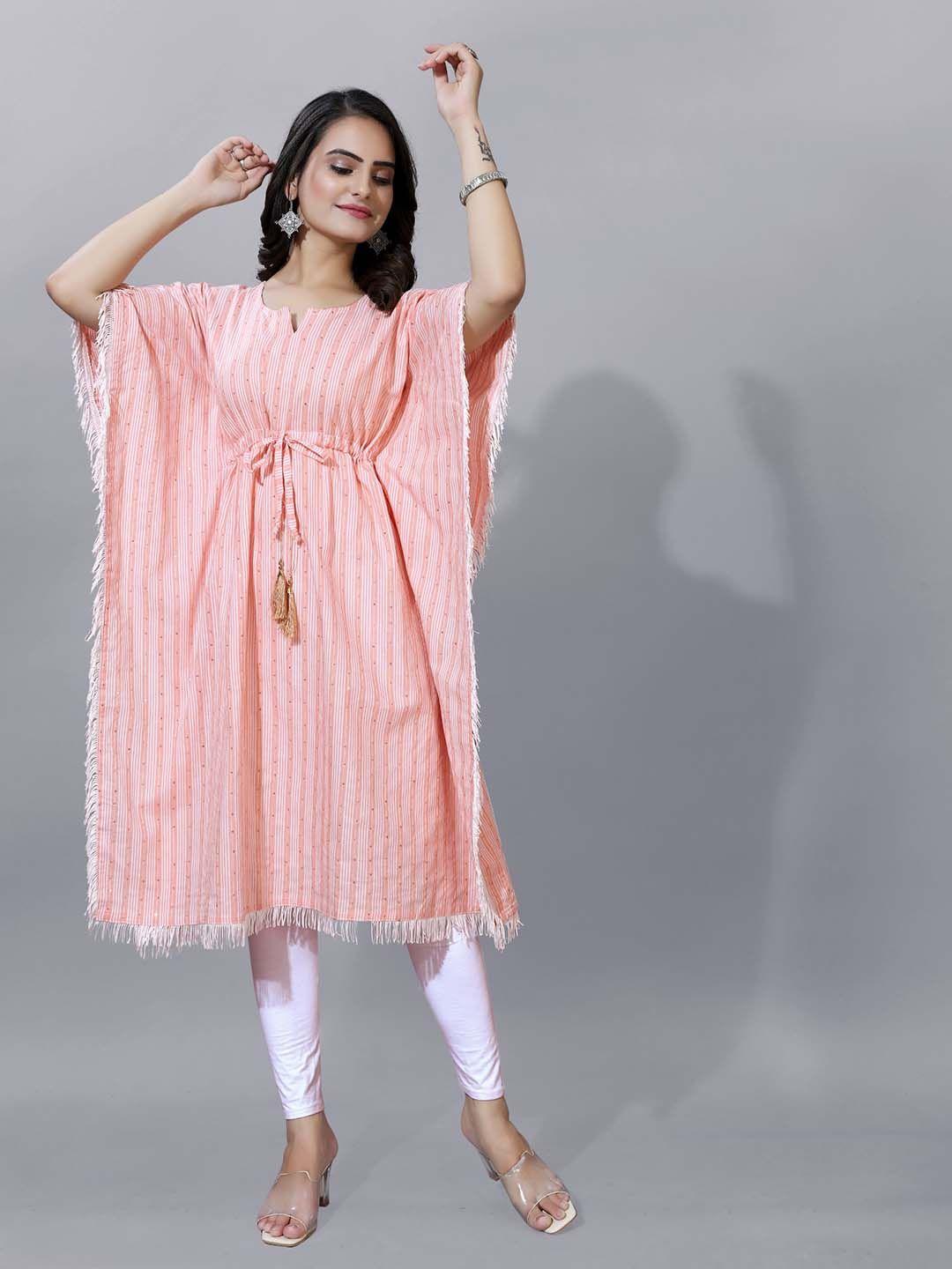 anouk peach-coloured striped fringed detail notched neck cotton kaftan kurta