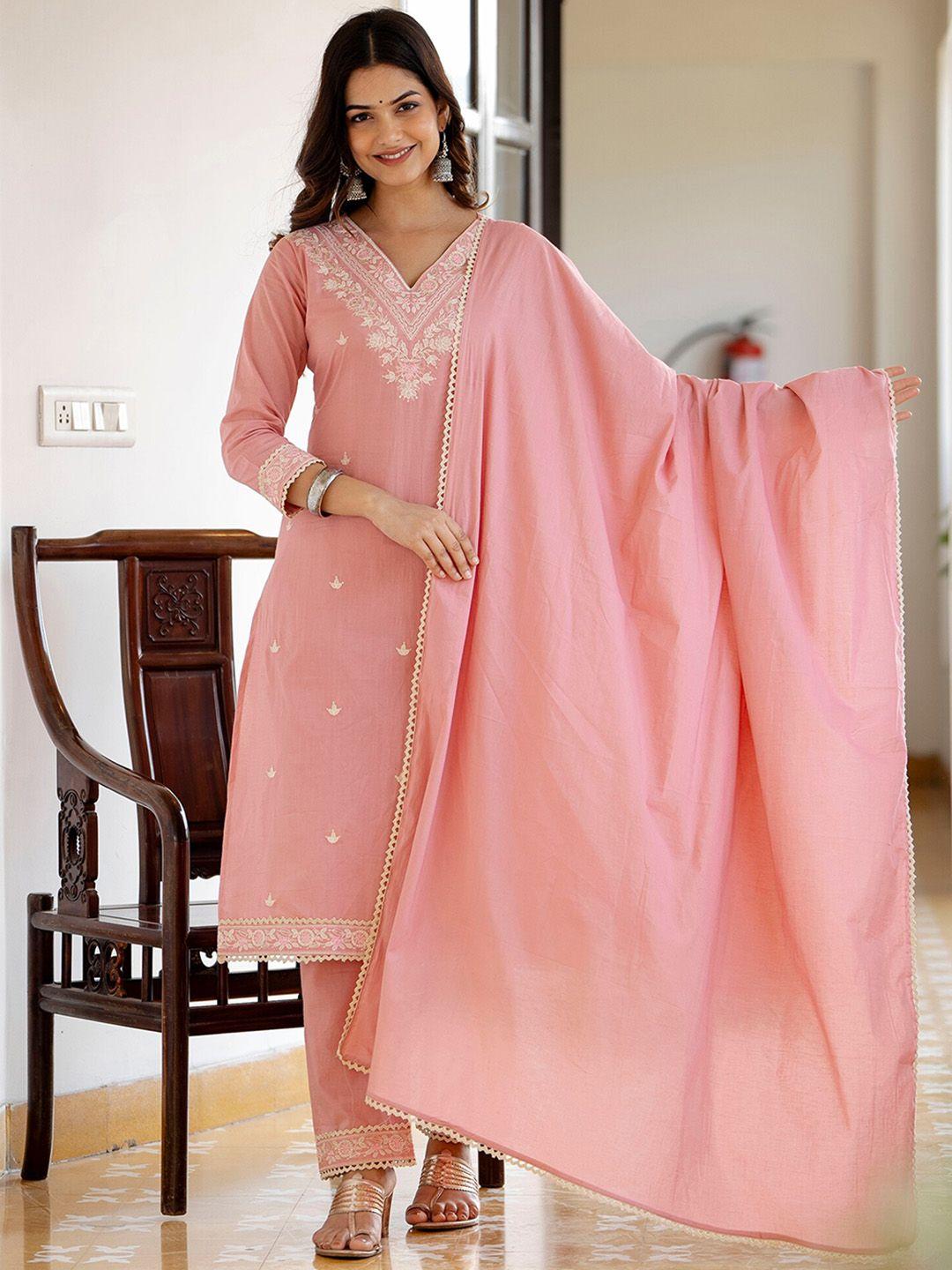 anouk peach floral embroidered v-neck pure cotton kurta with pyjamas & dupatta