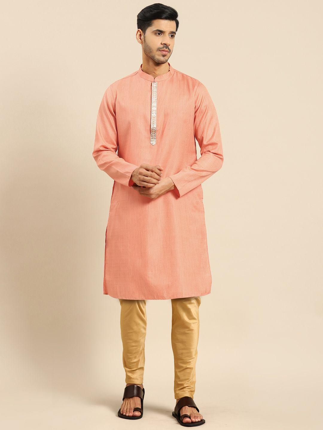 anouk peach mandarin collar regular kurta with trousers