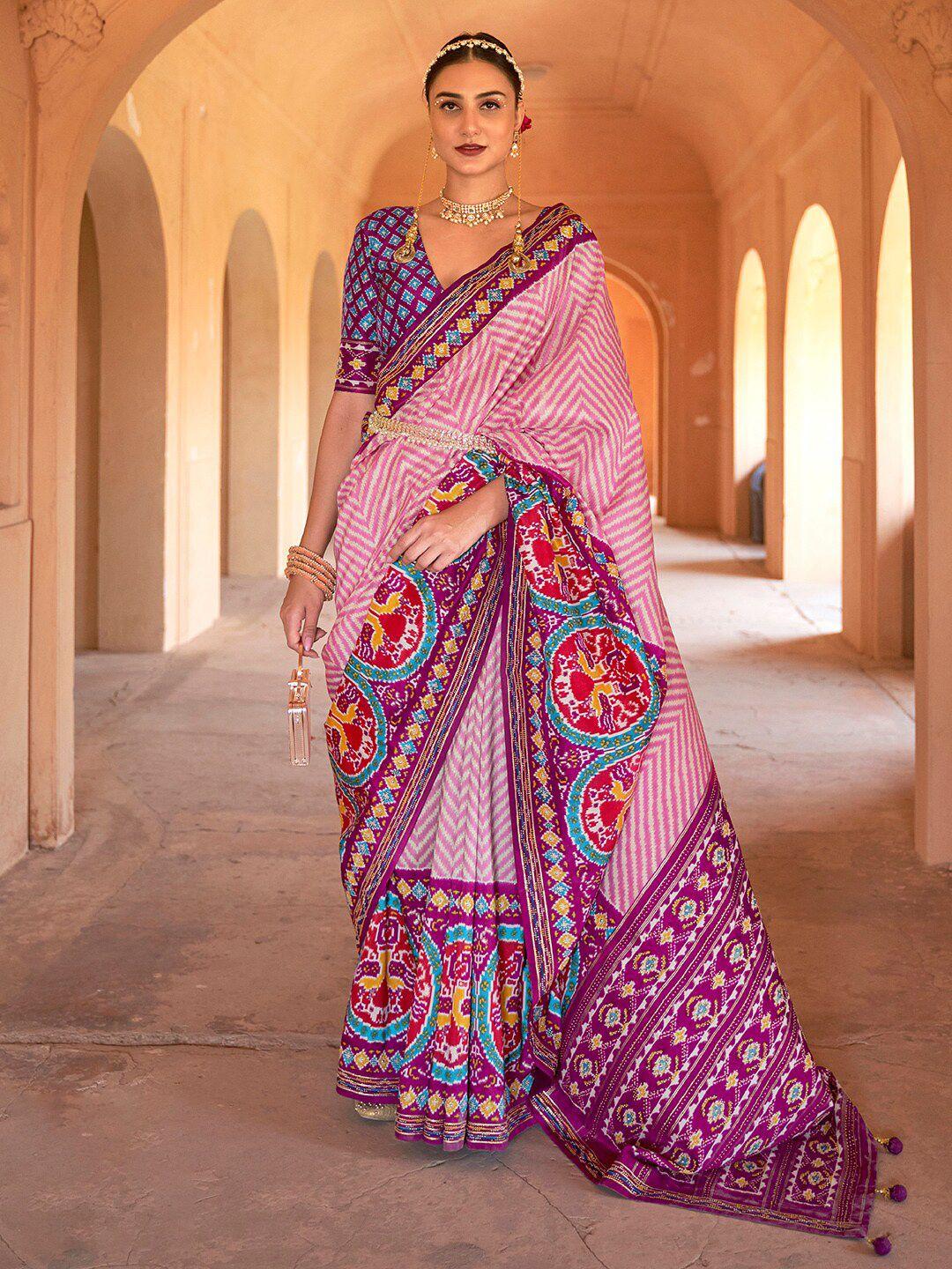 anouk pink & blue ethnic motifs beads and stones silk blend patola saree