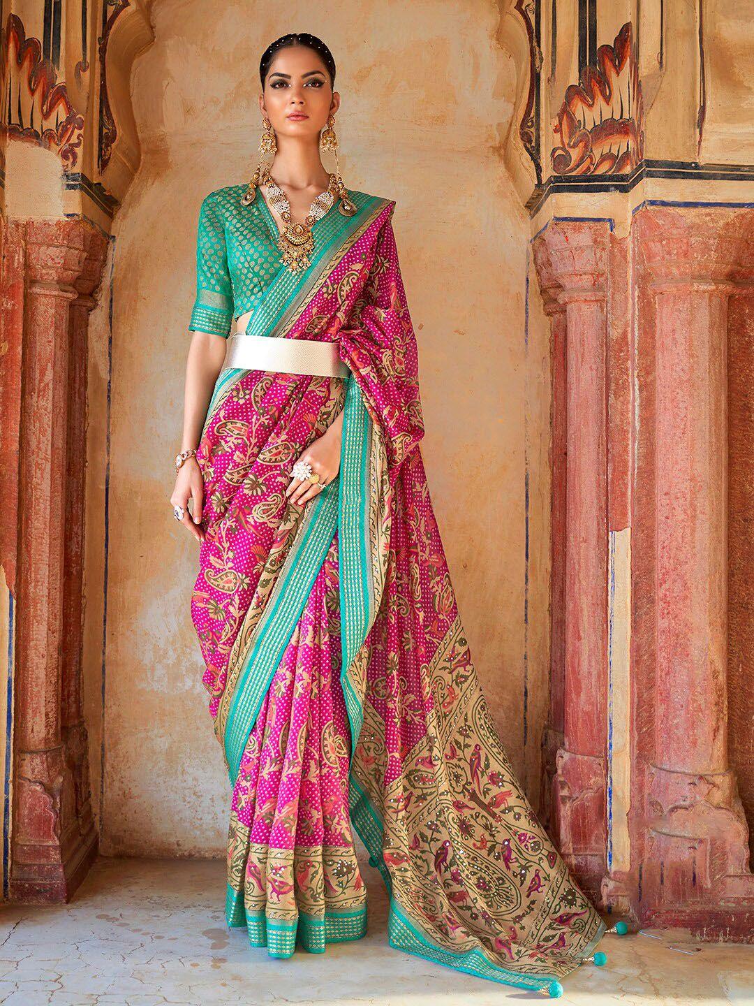 anouk pink & blue ethnic motifs zari pure georgette bandhani saree