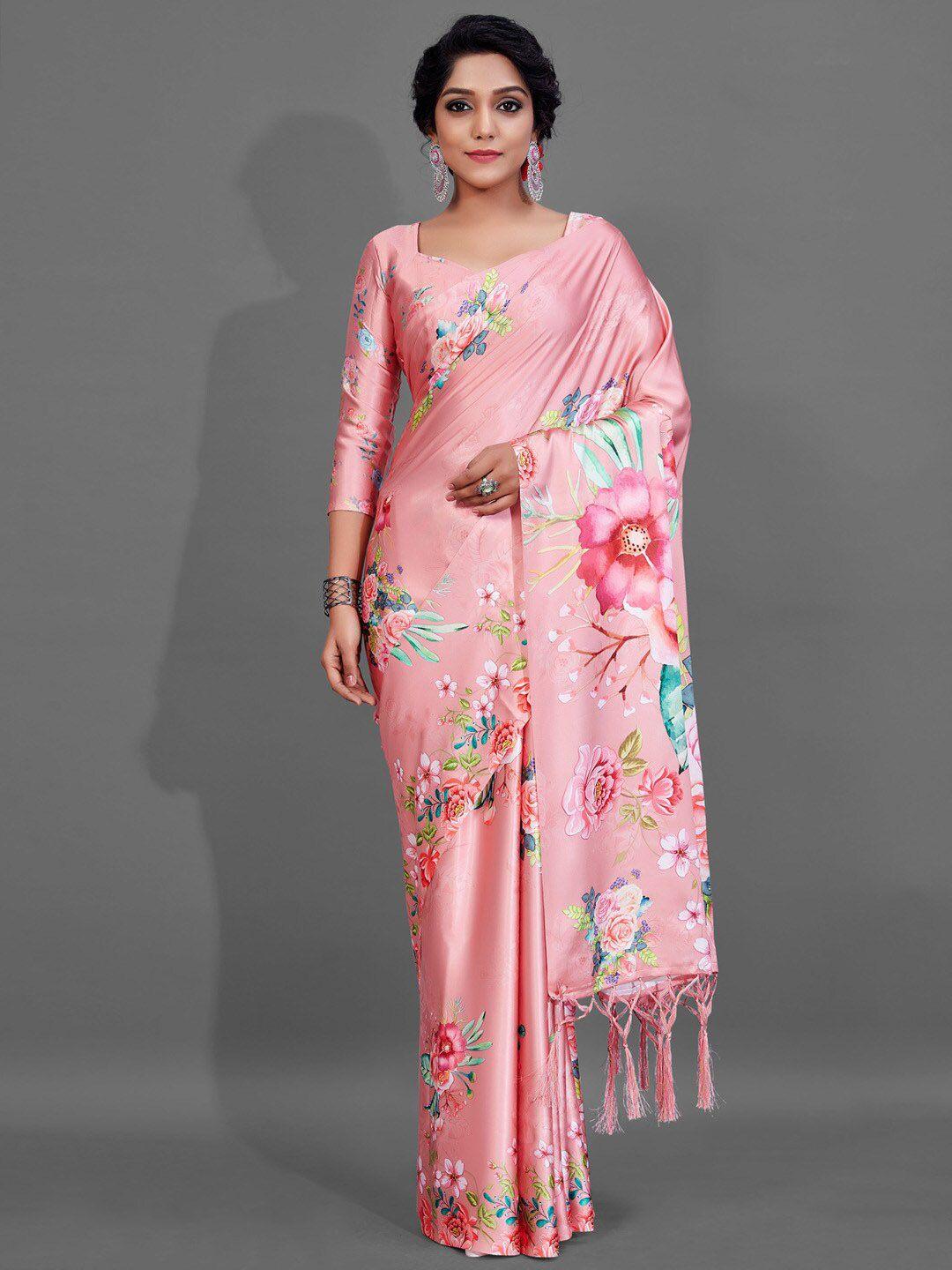 anouk pink & blue floral printed pure crepe bagru saree