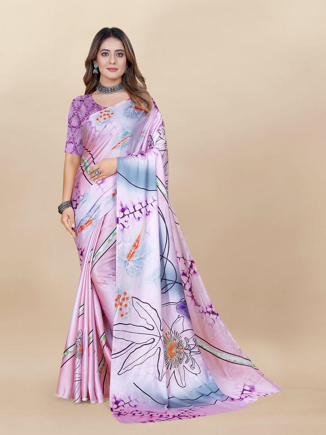 anouk pink & blue floral printed satin saree