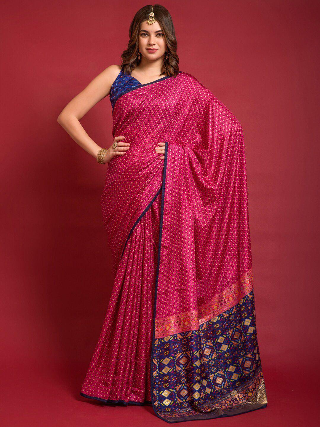 anouk pink & blue geometric printed bagh saree