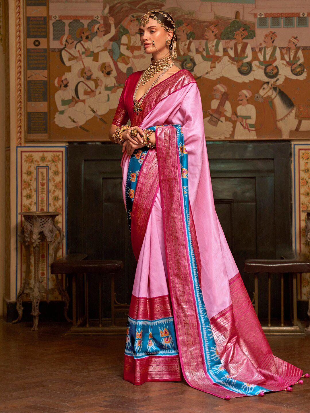 anouk pink & blue zari silk blend patola saree