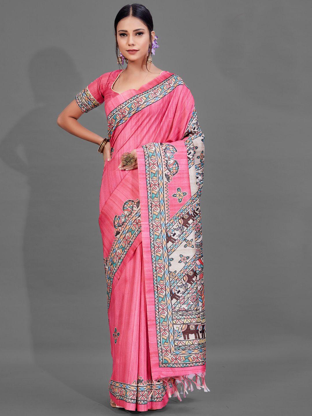 anouk pink & cream-coloured ethnic motifs printed saree