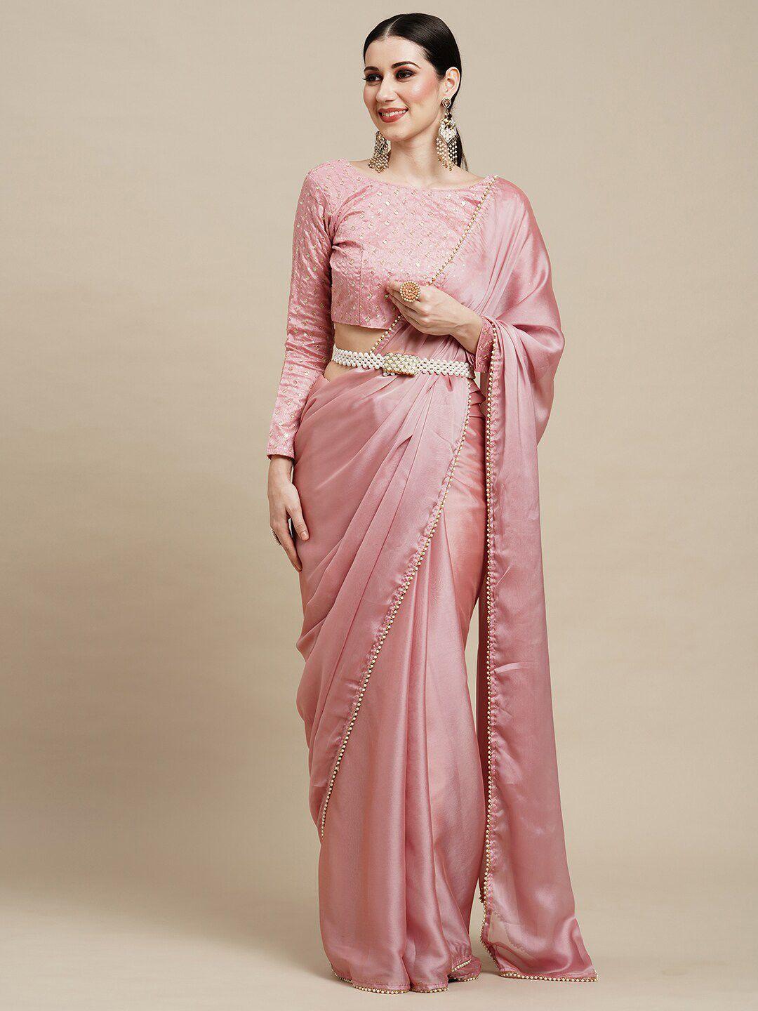 anouk pink & gold-toned embellished pure georgette saree