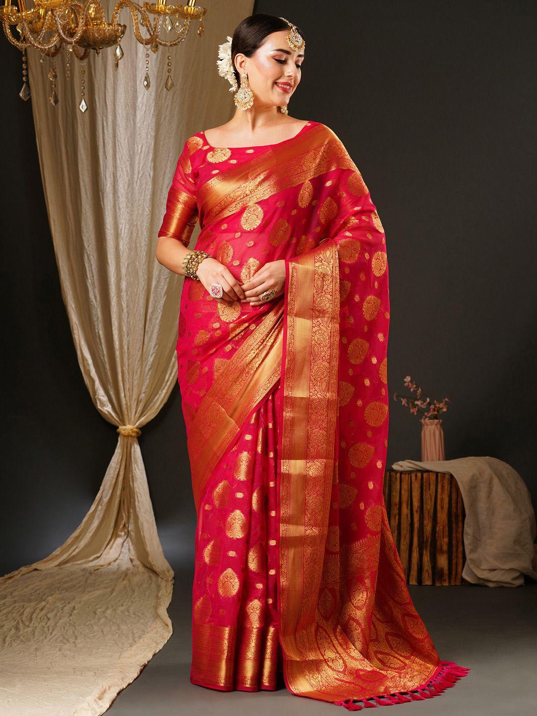 anouk pink & gold-toned ethnic motifs zari pure georgette kanjeevaram saree