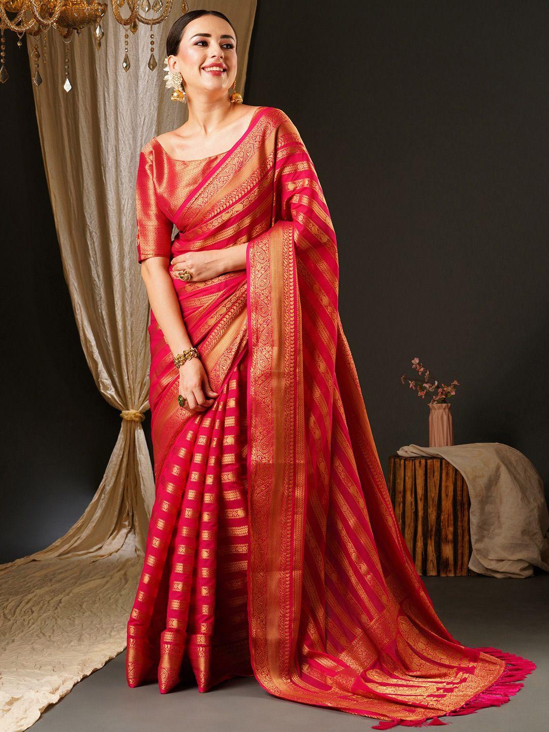 anouk pink & gold-toned ethnic motifs zari pure georgette kanjeevaram saree