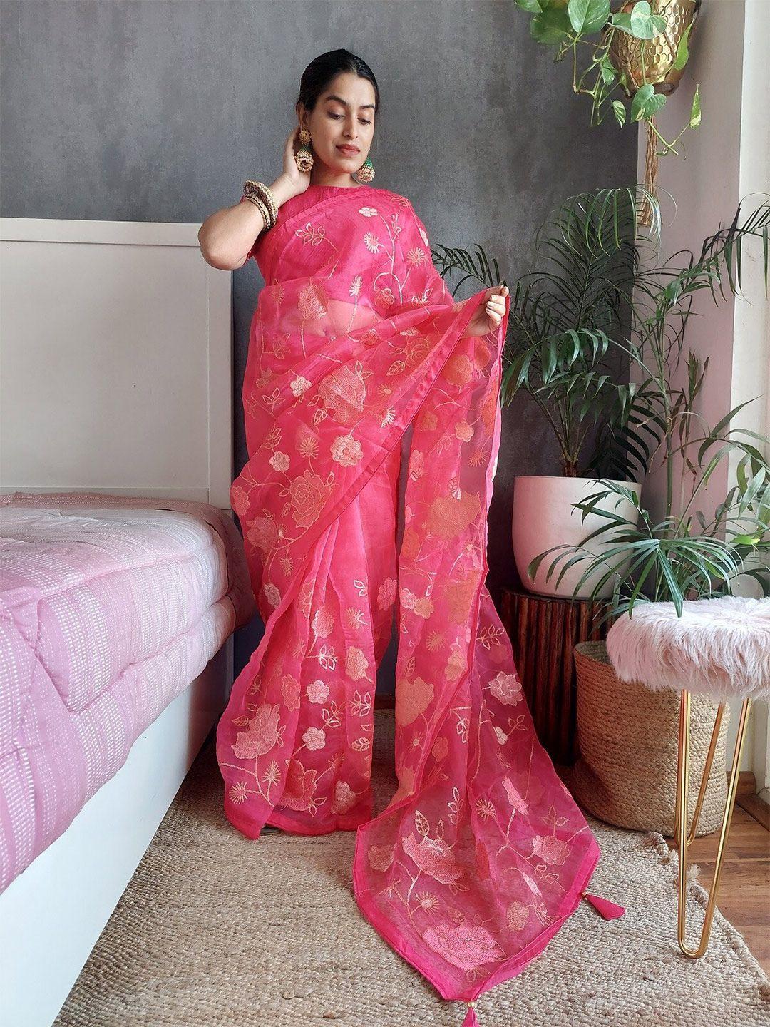 anouk pink & gold-toned floral embroidered organza saree