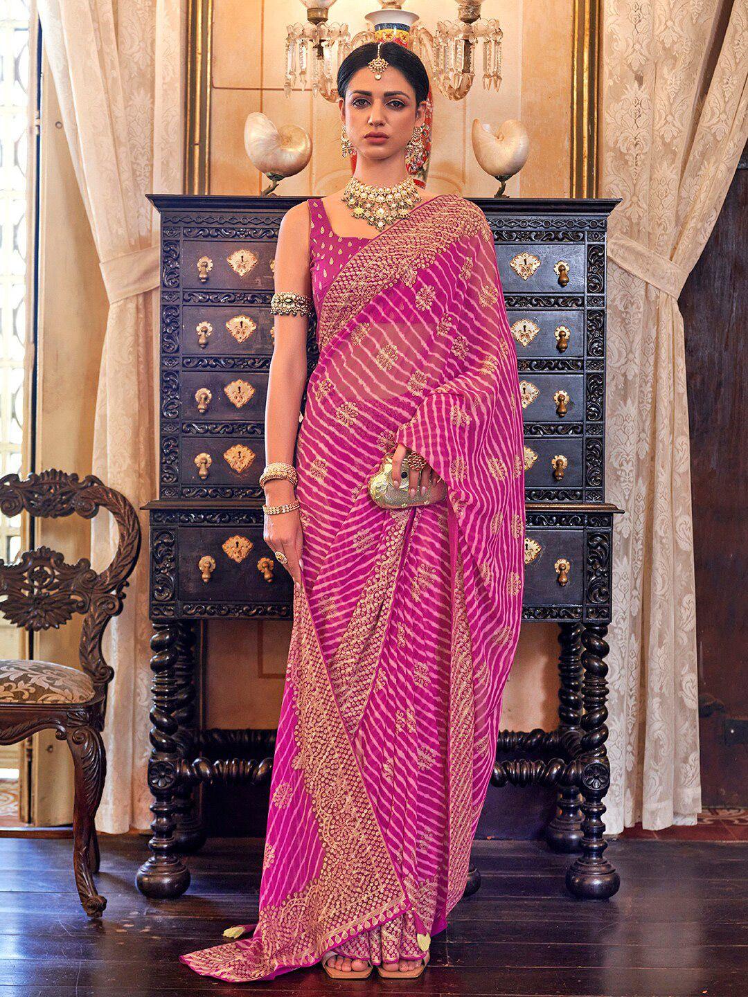 anouk pink & gold-toned floral pure georgette leheriya saree