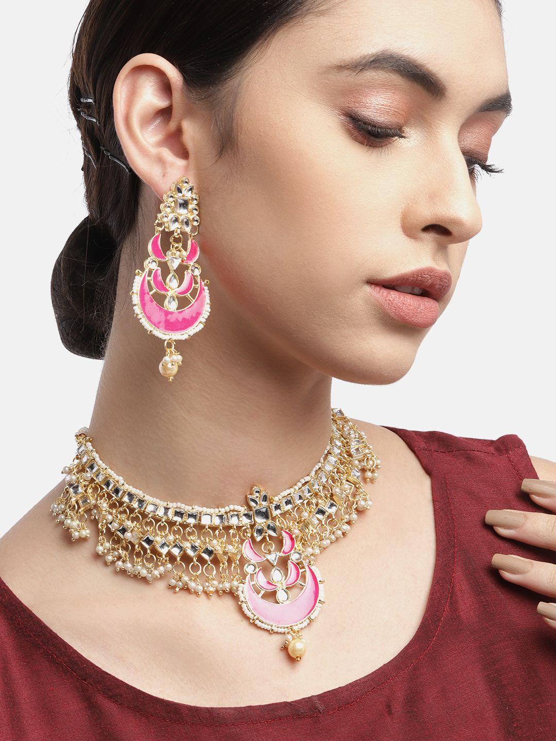 anouk pink & gold-toned stone studded & beaded enamelled jewellery set