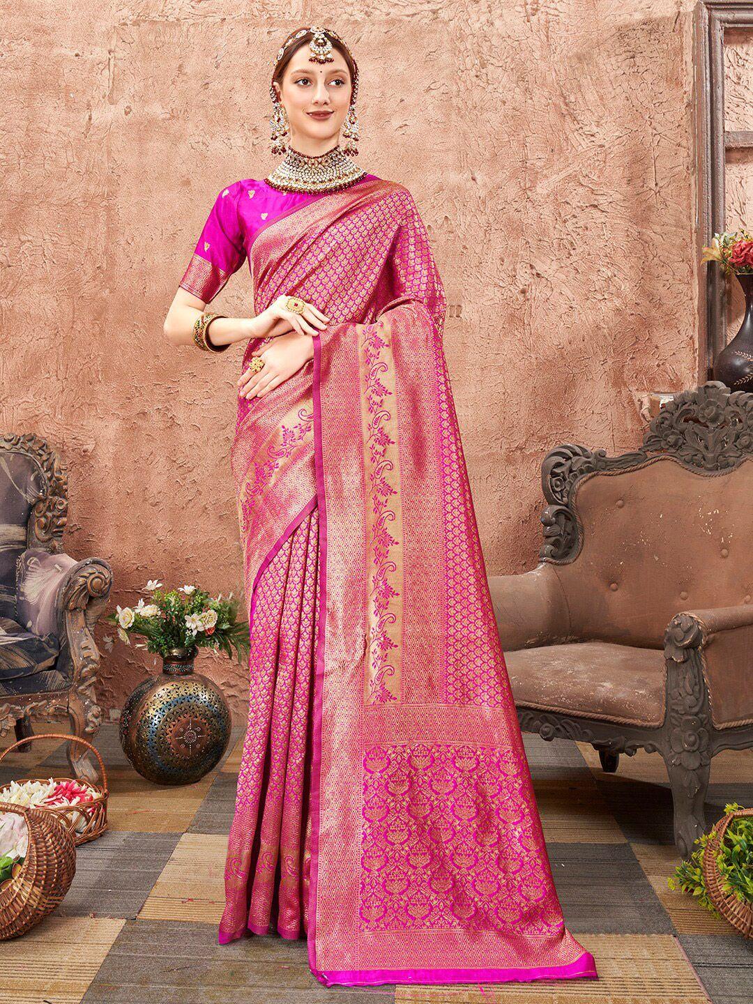 anouk pink & gold-toned woven design zari saree