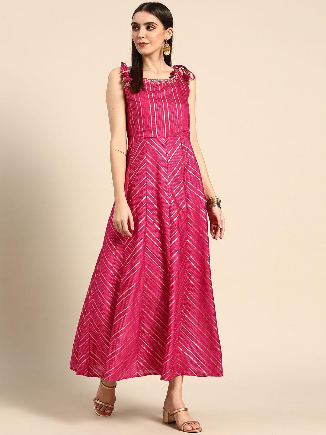 anouk pink & golden striped ethnic a-line maxi dress