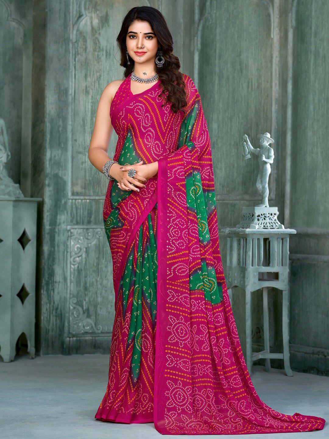 anouk pink & green bandhani printed pure chiffon banarasi saree