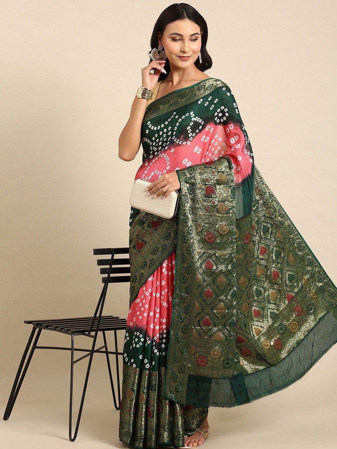 anouk pink & green bandhani printed zari saree