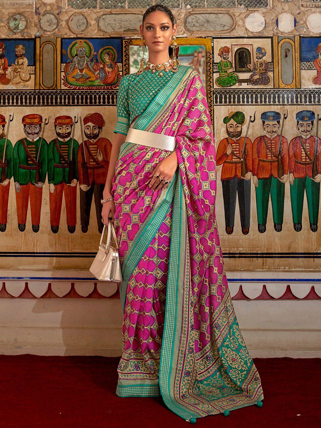 anouk pink & green ethnic motifs pure georgette bandhani saree