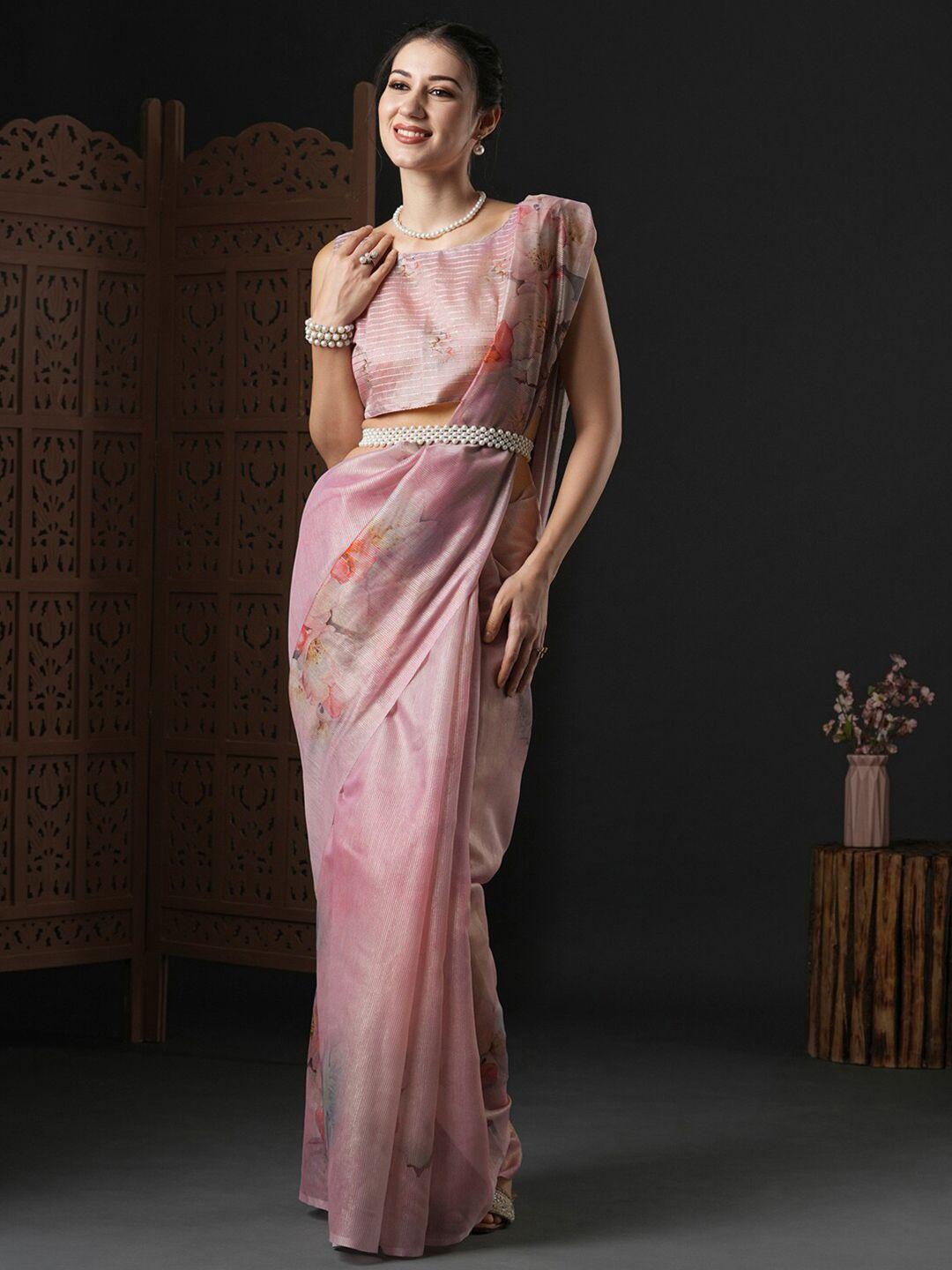 anouk pink & green floral printed organza saree