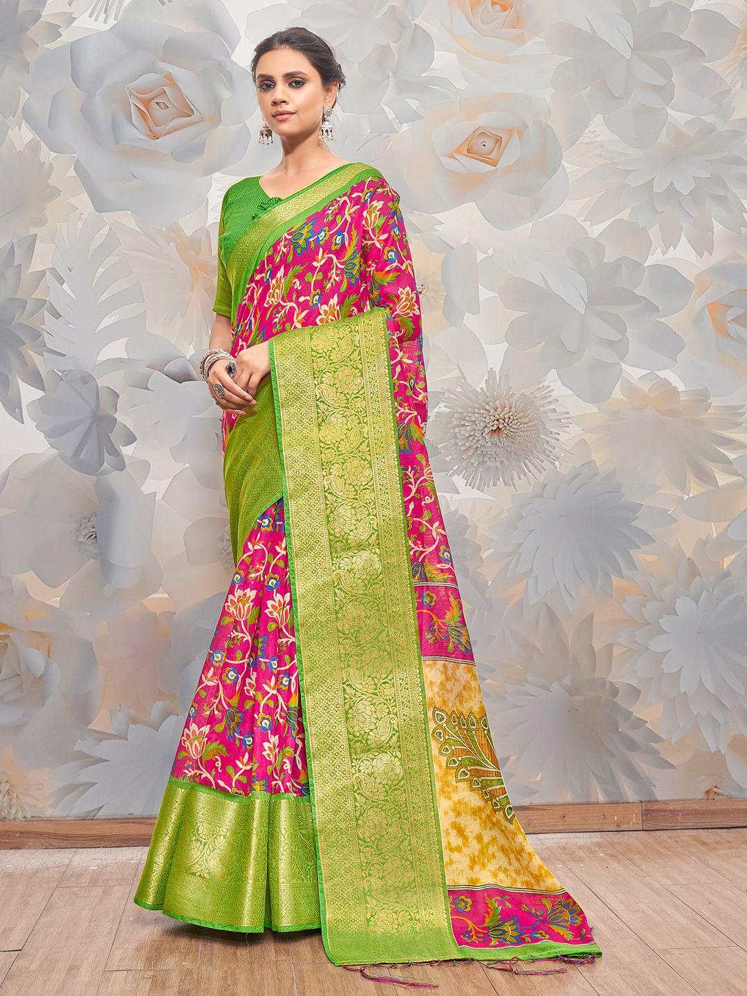 anouk pink & green floral printed zari banarasi saree