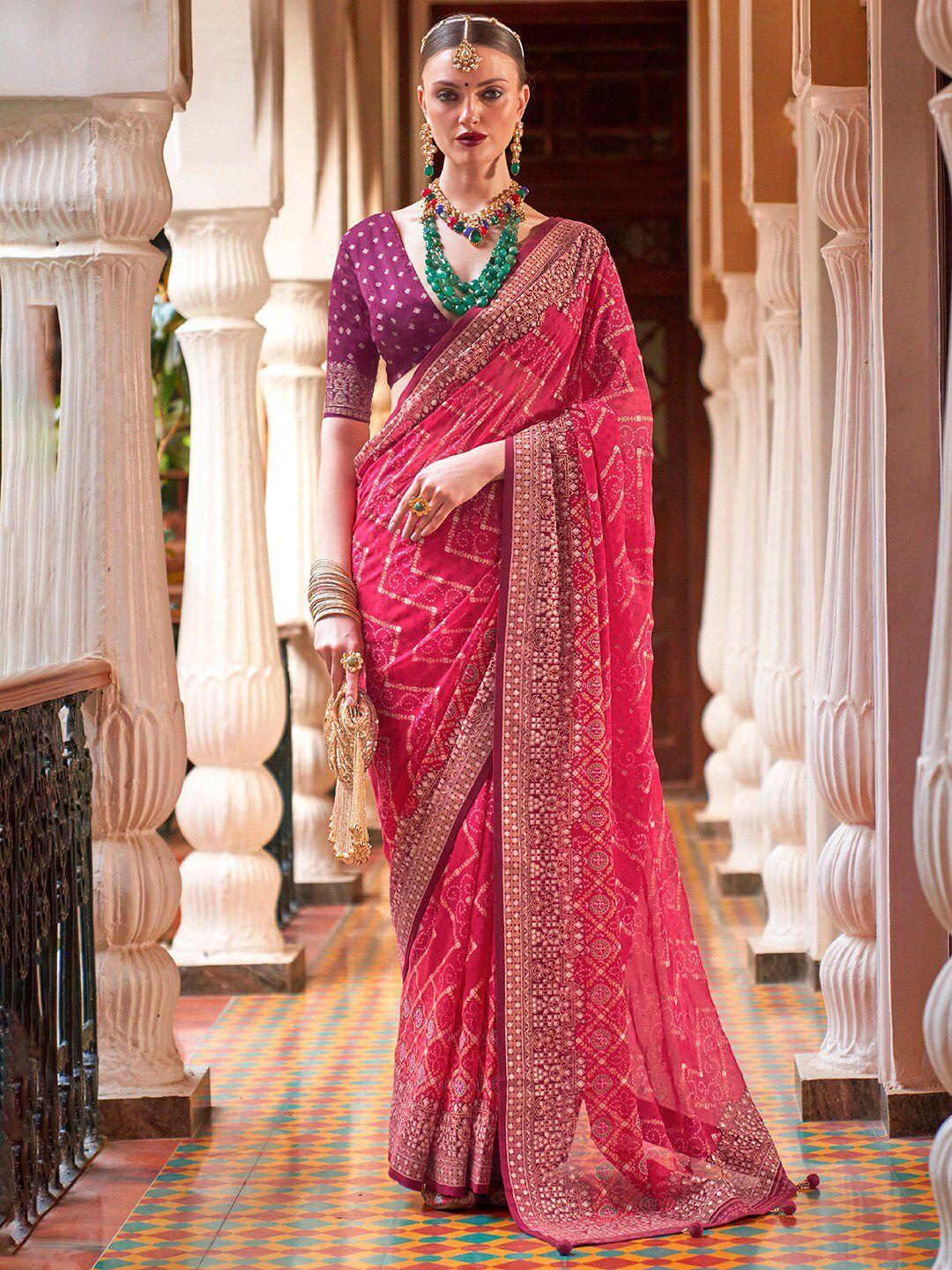 anouk pink & maroon bandhani beads and stones pure georgette leheriya saree