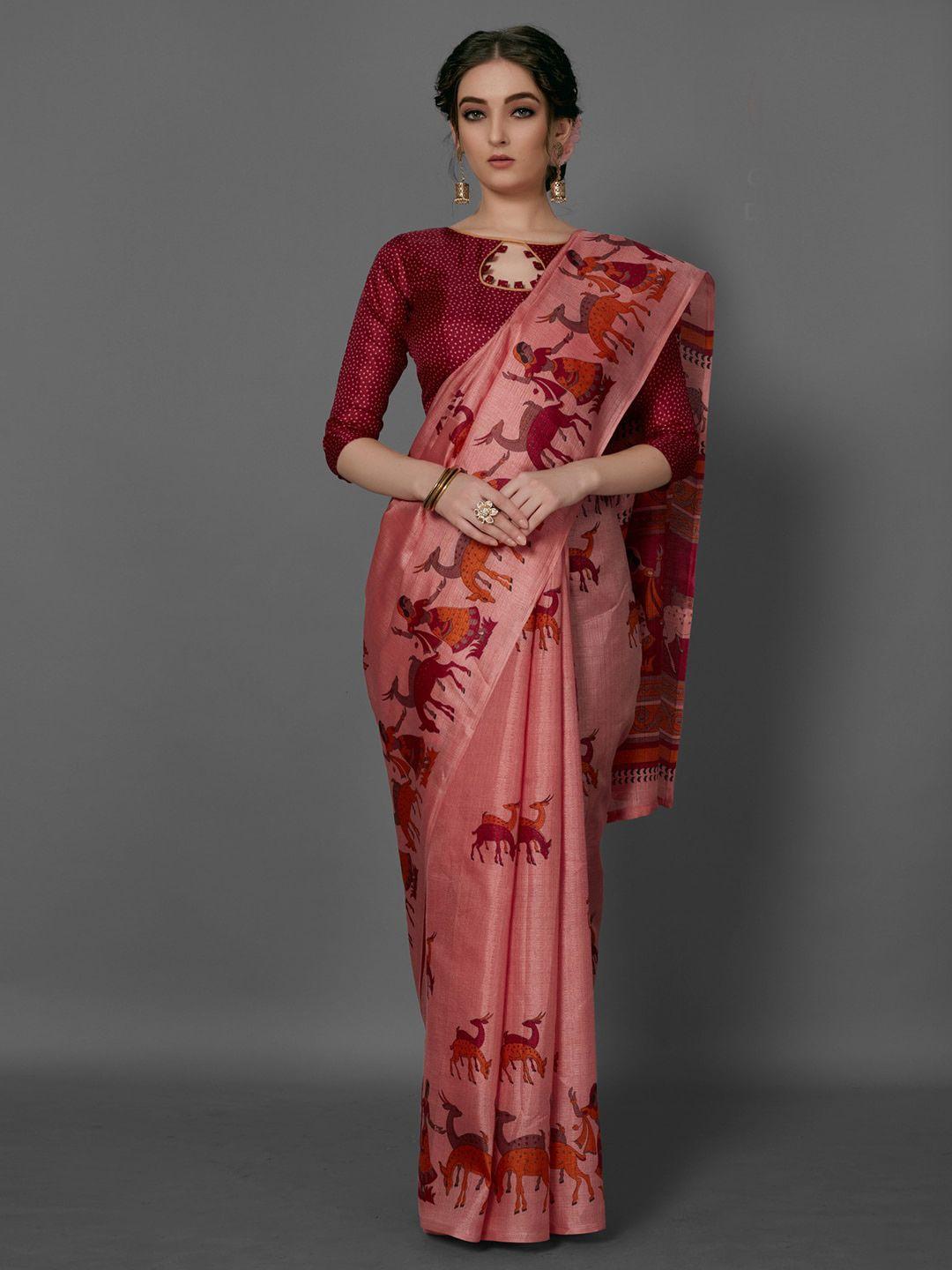 anouk pink & maroon ethnic motifs printed bhagalpuri saree