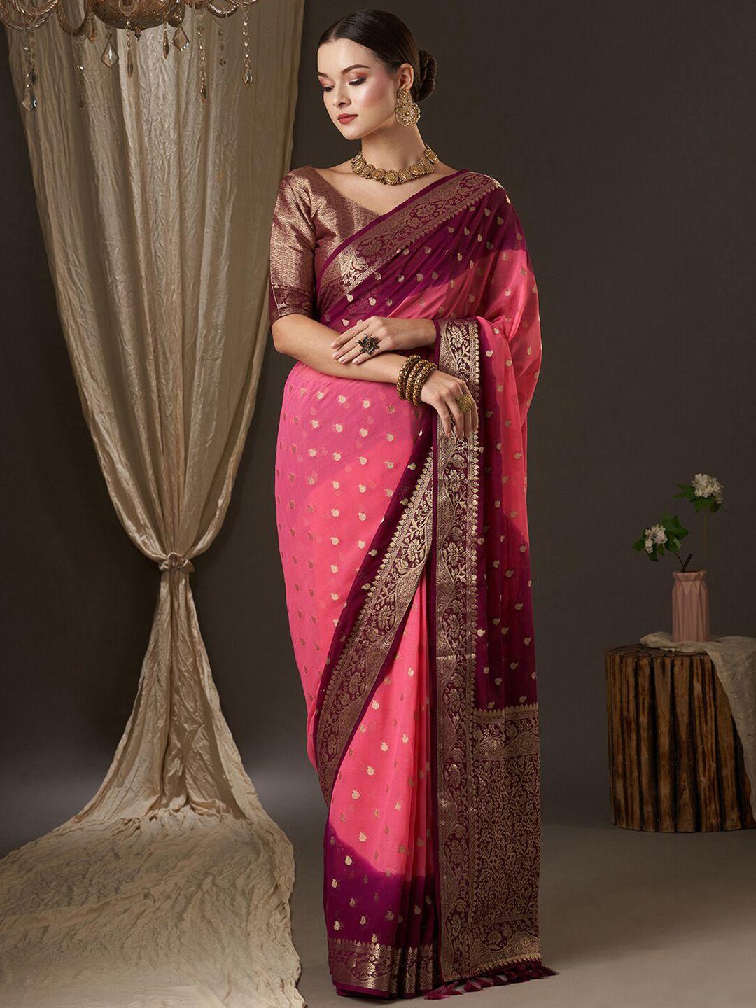 anouk pink & maroon woven design zari pure georgette kanjeevaram saree