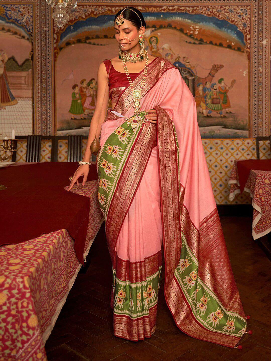 anouk pink & maroon zari silk blend patola saree