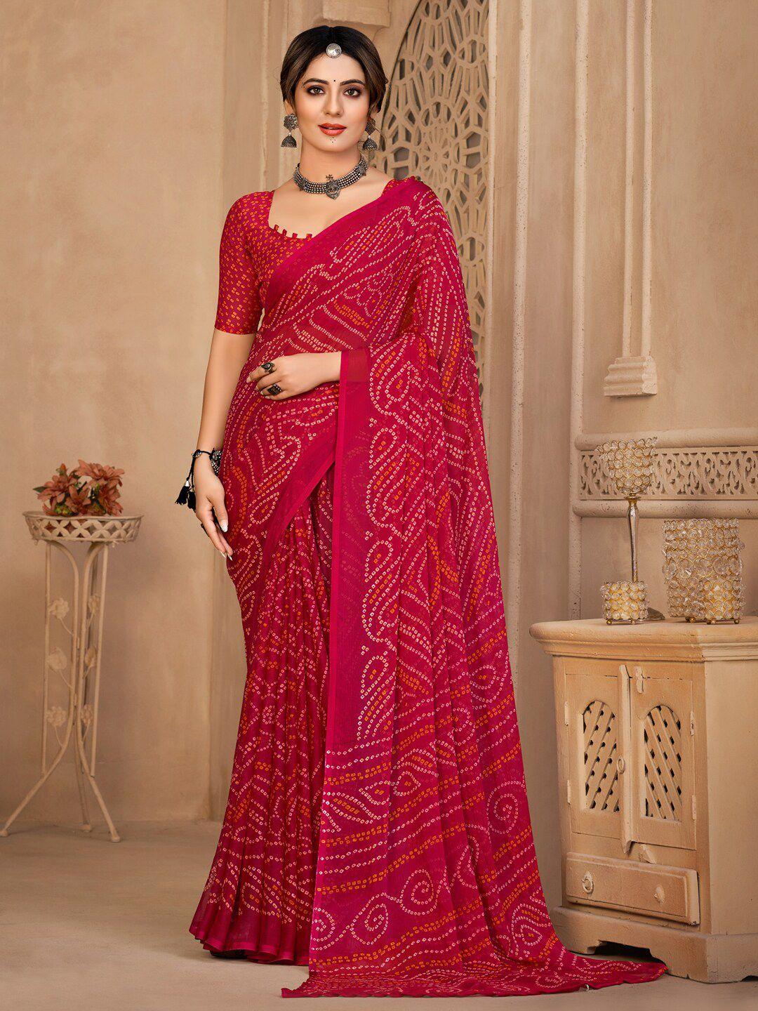 anouk pink & orange bandhani printed pure chiffon bandhani saree