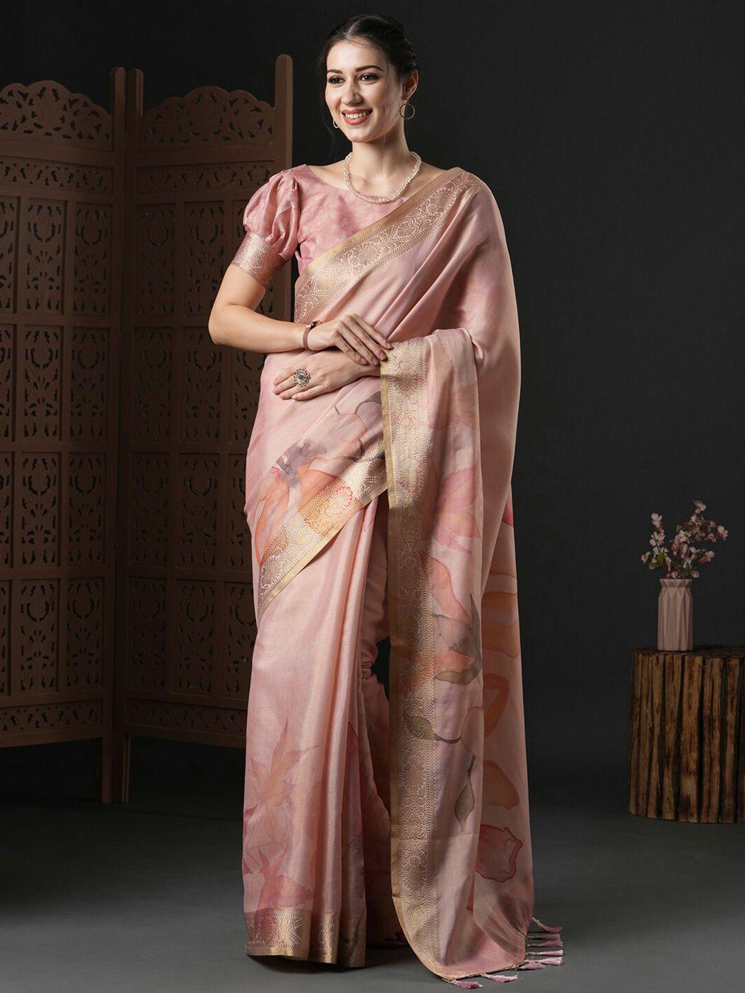 anouk pink & orange floral printed zari kanjeevaram saree