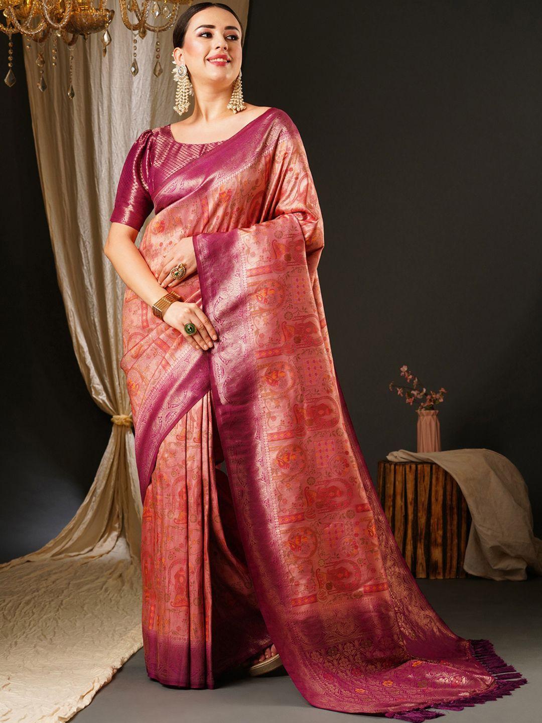 anouk pink & purple ethnic motifs woven design zari pure silk kanjeevaram saree