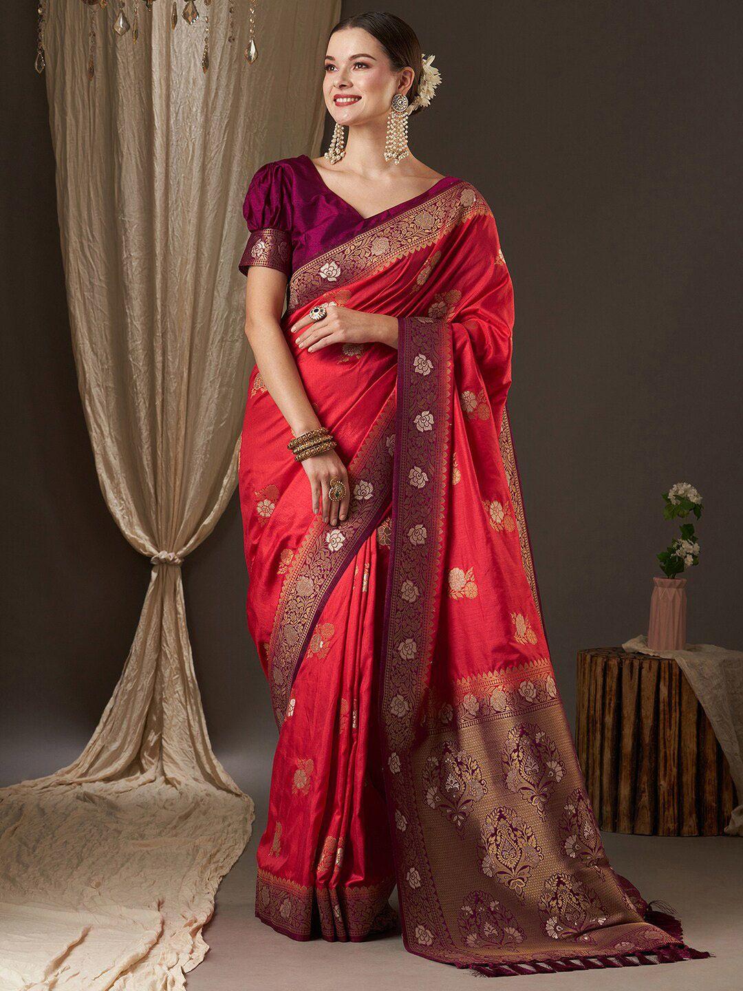 anouk pink & purple woven design zari silk blend banarasi saree